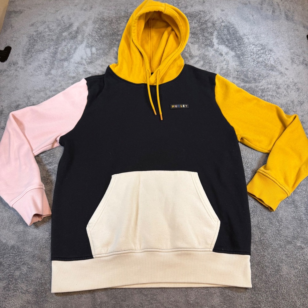 Hurley Mens Colorblock Hoodie Black Yellow Pink Cream Pullover Sweatshirt Size M